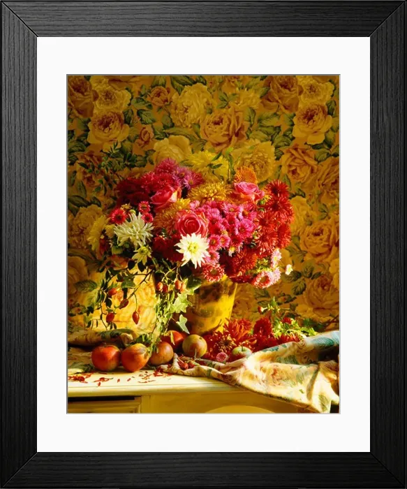 Framed Print : Still-Life of vase of late summer flowers against rose-patterned wallpaper Framed Print : Still-Life of vase of late summer flowers against rose-patterned wallpaper