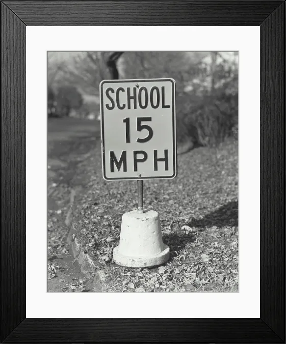 Framed Print : Vintage Photograph. School zone sign
