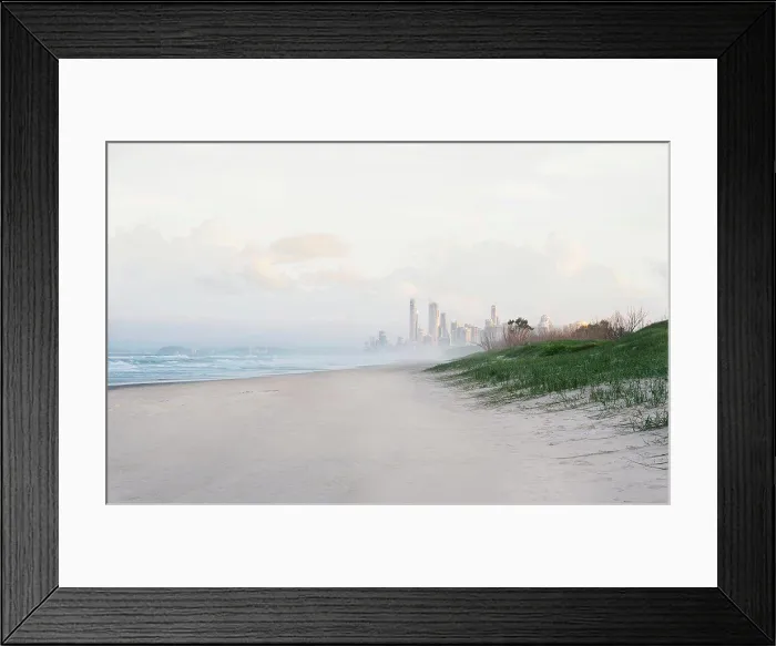 Framed Print : Looking from Sandspit along the beach towards highrise buildings at Surfers Paradise Framed Print : Looking from Sandspit along the beach towards highrise buildings at Surfers Paradise