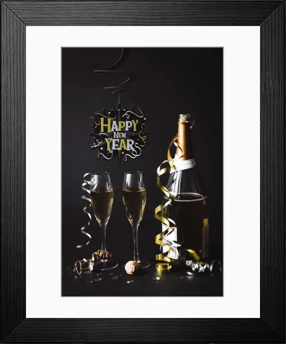 Framed Print : Champagne and Happy New Year sign with black background Framed Print : Champagne and Happy New Year sign with black background