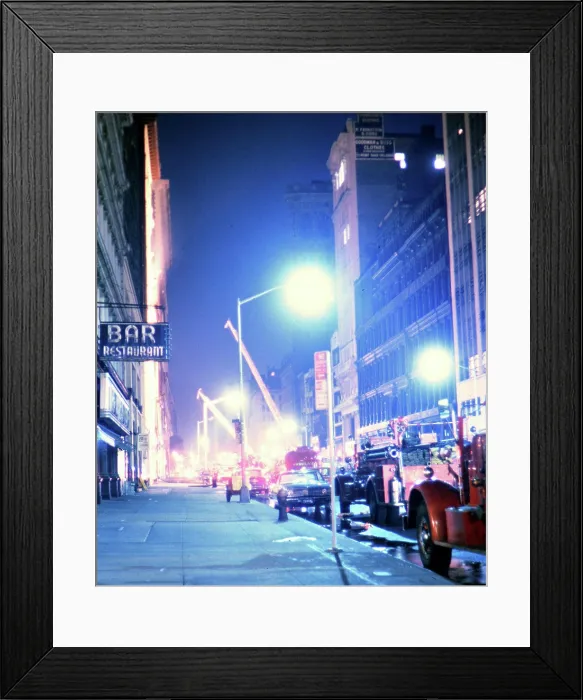 Framed Print : Emergency vehicles at the scene of a fire in New York City at night ca. 1965 Framed Print : Emergency vehicles at the scene of a fire in New York City at night ca. 1965