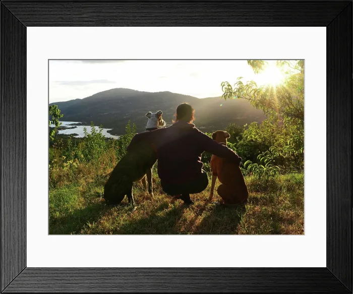 Framed Print : Young woman with her dogs at sunset Framed Print : Young woman with her dogs at sunset
