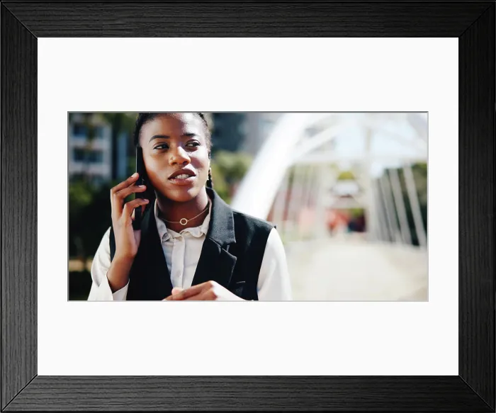 Framed Print : Business woman, phone call and talk in city with networking Framed Print : Business woman, phone call and talk in city with networking