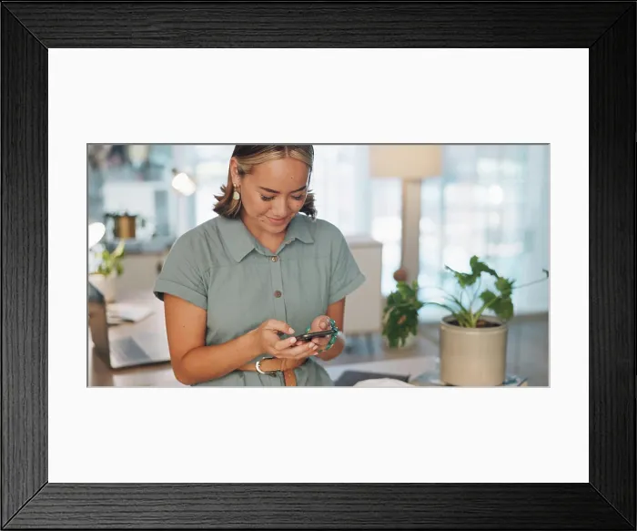 Framed Print : Smartphone, business or woman on social media