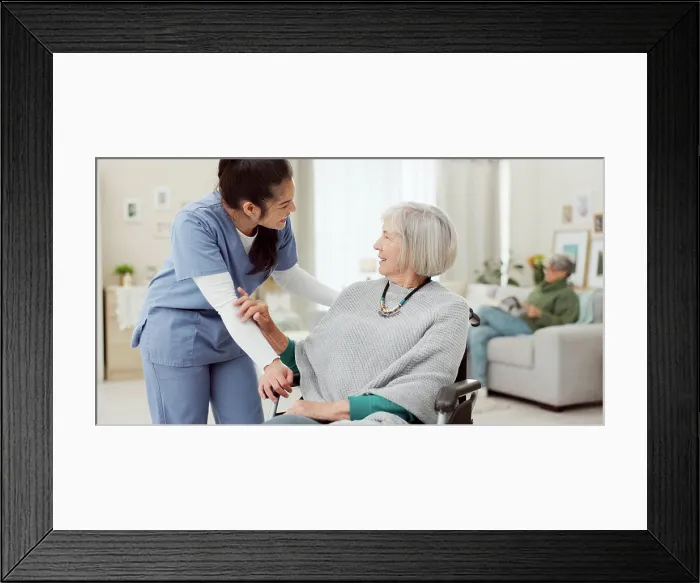 Framed Print : Nurse, wheelchair and happy woman for support Framed Print : Nurse, wheelchair and happy woman for support