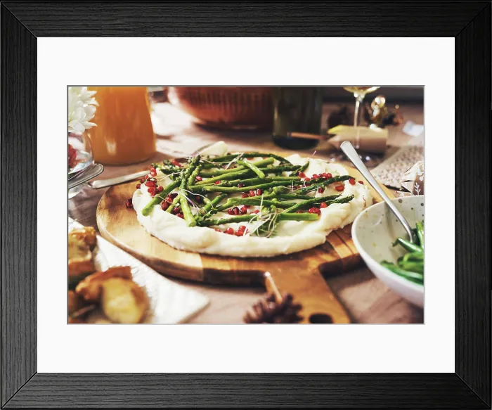 Framed Print : Food, thanksgiving dinner and dish in home on table with asparagus for health Framed Print : Food, thanksgiving dinner and dish in home on table with asparagus for health