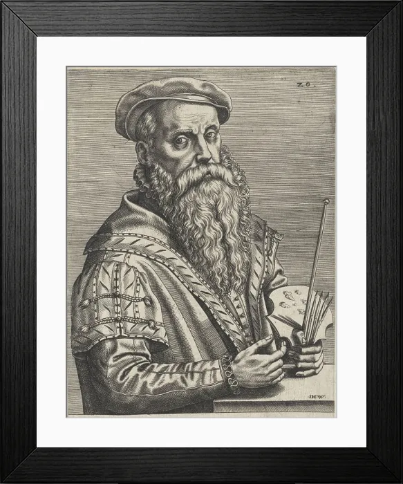 Framed Print : In his hands he holds a painter's palette and brushes In the margin a four-line caption in Latin Framed Print : In his hands he holds a painter's palette and brushes In the margin a four-line caption in Latin