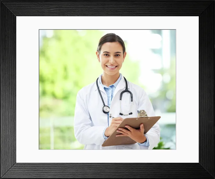 Framed Print : Portrait, doctor or woman with clipboard Framed Print : Portrait, doctor or woman with clipboard