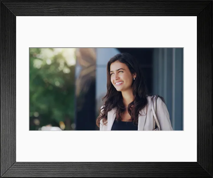 Framed Print : Happy, thinking and business woman in city for morning Framed Print : Happy, thinking and business woman in city for morning