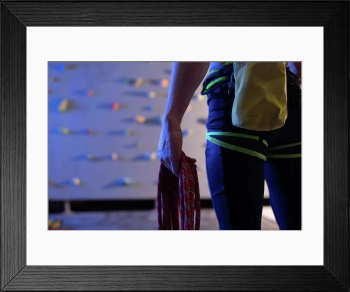 Framed Print : Cropped climber with rope and magnesium bag Framed Print : Cropped climber with rope and magnesium bag