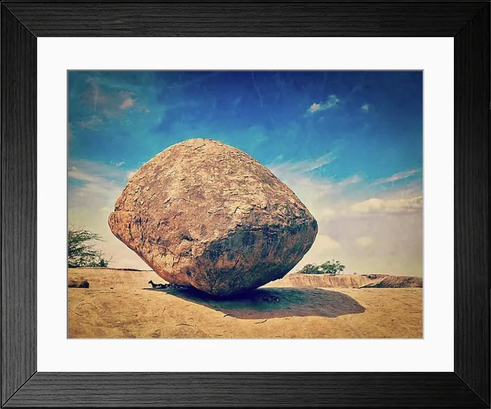 Framed Print : Vintage retro hipster style travel image of Krishna's butterball Framed Print : Vintage retro hipster style travel image of Krishna's butterball