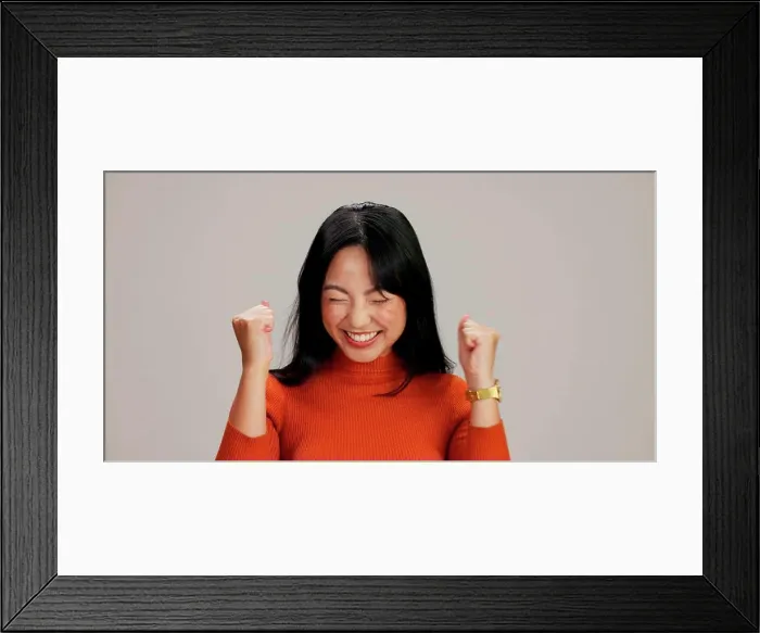 Framed Print : Asian woman, fist and celebration in studio Framed Print : Asian woman, fist and celebration in studio