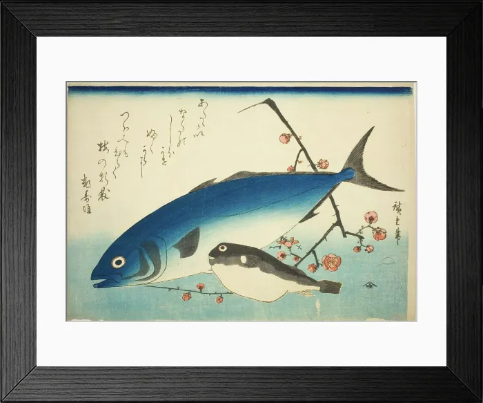 Framed Print : Yellowtail, blowfish, and plum branch 1835-1847 Japan. Color woodblock print; oban. Utagawa Hiroshige Framed Print : Yellowtail, blowfish, and plum branch 1835-1847 Japan. Color woodblock print; oban. Utagawa Hiroshige