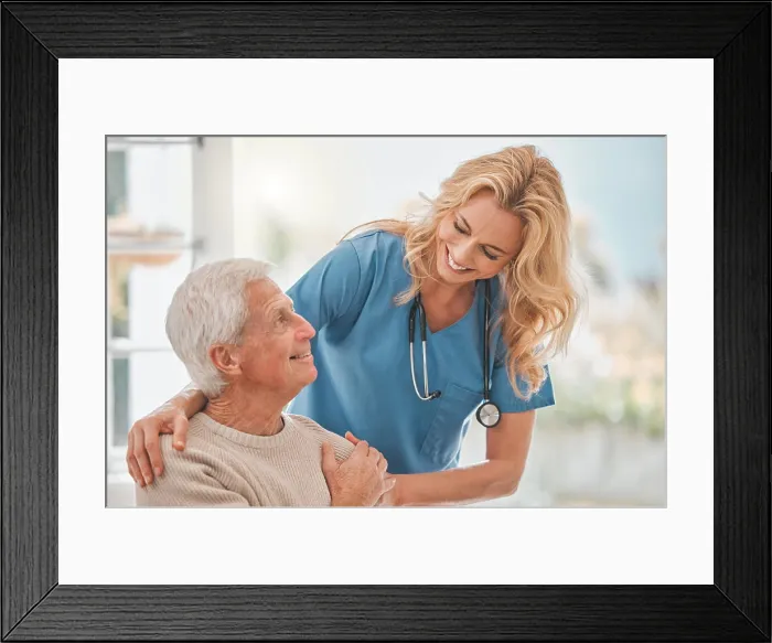 Framed Print : Assisted living, elderly care or support with nurse and old man in retirement home for medical checkup Framed Print : Assisted living, elderly care or support with nurse and old man in retirement home for medical checkup