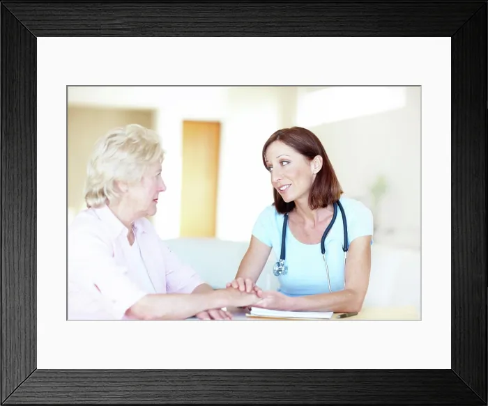 Framed Print : Holding hands, support and doctor with old woman in hospital for consulting Framed Print : Holding hands, support and doctor with old woman in hospital for consulting