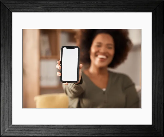 Framed Print : Phone screen, mockup and app, advertising and woman with smartphone in hand Framed Print : Phone screen, mockup and app, advertising and woman with smartphone in hand