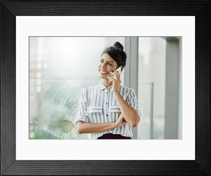 Framed Print : Phone call, thinking and business woman for consulting Framed Print : Phone call, thinking and business woman for consulting
