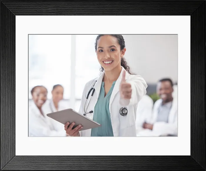 Framed Print : Happy woman, portrait and doctor with thumbs up for tablet Framed Print : Happy woman, portrait and doctor with thumbs up for tablet