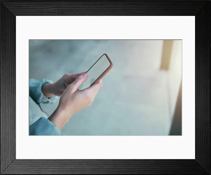 Framed Print : Phone, mockup and hands of business person in office for social media Framed Print : Phone, mockup and hands of business person in office for social media