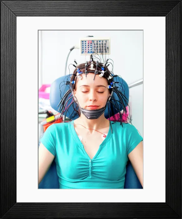 Framed Print : woman undergoing an electroencephalogram (EEG). Limoges hospital, France Framed Print : woman undergoing an electroencephalogram (EEG). Limoges hospital, France