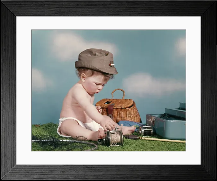 Framed Print : 1960S Baby Ready To Go Fishing Wearing Hat Surrounded By Tackle Box Fishing Rod Net Basket Framed Print : 1960S Baby Ready To Go Fishing Wearing Hat Surrounded By Tackle Box Fishing Rod Net Basket