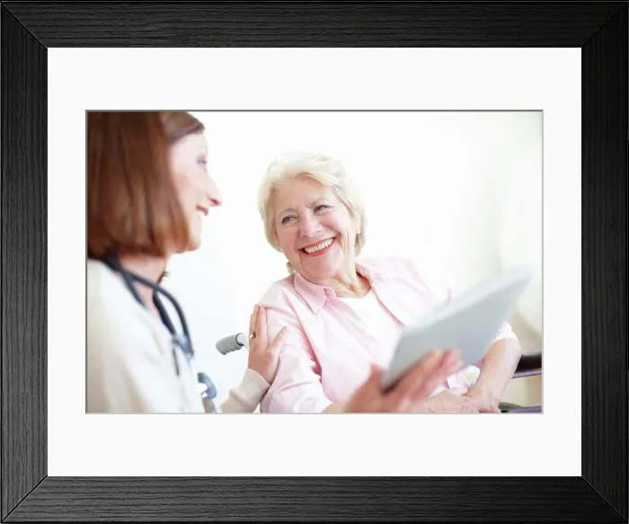 Framed Print : Wheelchair, results and tablet with old woman and doctor for rehabilitation