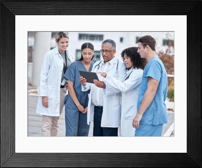 Framed Print : Tablet, doctors and medical people at hospital outdoor with clinic management Framed Print : Tablet, doctors and medical people at hospital outdoor with clinic management