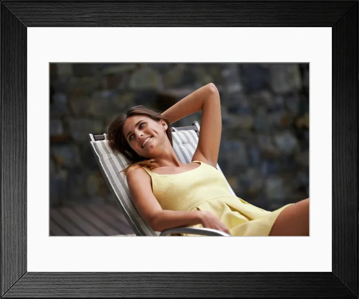 Framed Print : Happy woman, sunbed and summer luxury resort Framed Print : Happy woman, sunbed and summer luxury resort