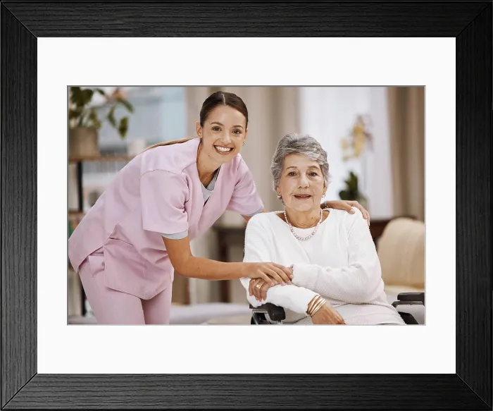 Framed Print : Women, senior or wheelchair support in nursing home Framed Print : Women, senior or wheelchair support in nursing home