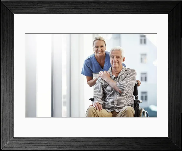 Framed Print : Portrait, nurse and patient with wheelchair Framed Print : Portrait, nurse and patient with wheelchair