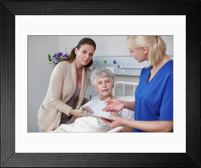 Framed Print : Daughter, senior woman and nurse in clinic for treatment Framed Print : Daughter, senior woman and nurse in clinic for treatment