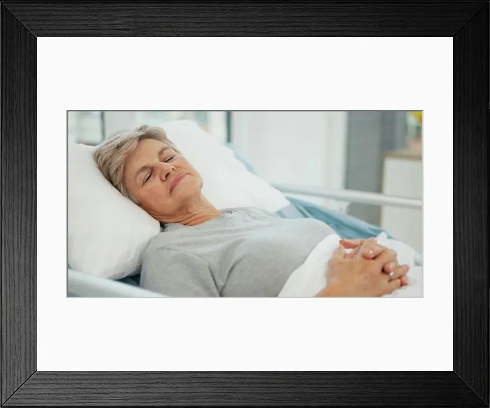 Framed Print : Hospital, sleep and senior woman in bed for recovery Framed Print : Hospital, sleep and senior woman in bed for recovery