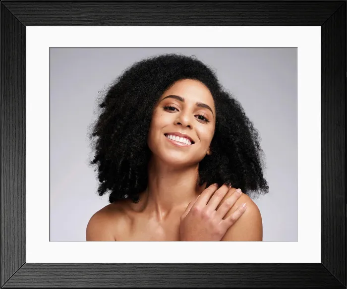 Framed Print : Skincare, beauty and portrait of black woman on gray background for wellness Framed Print : Skincare, beauty and portrait of black woman on gray background for wellness