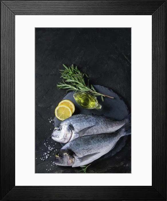 Framed Print : Two ready to cook raw bream fish with herbs Framed Print : Two ready to cook raw bream fish with herbs