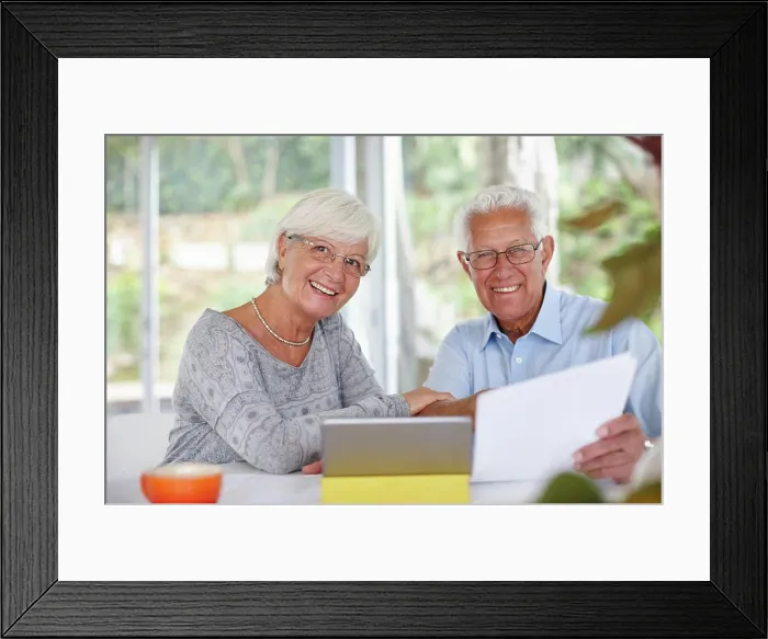 Framed Print : Senior couple, tablet and paperwork for portrait with smile for profit Framed Print : Senior couple, tablet and paperwork for portrait with smile for profit