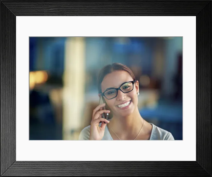 Framed Print : Person, smile and cellphone conversation in office for communication Framed Print : Person, smile and cellphone conversation in office for communication
