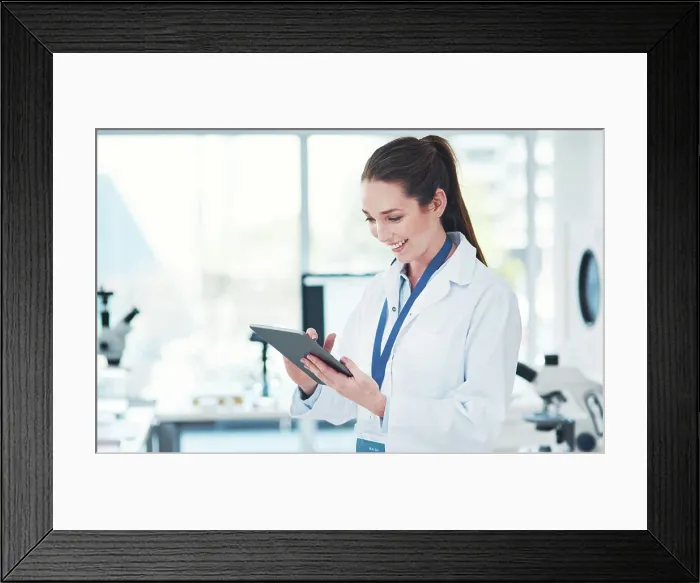 Framed Print : Results, woman and tablet in laboratory for research Framed Print : Results, woman and tablet in laboratory for research