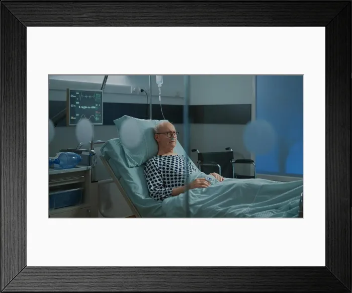 Framed Print : Sick old man staying in hospital ward bed with oximeter Framed Print : Sick old man staying in hospital ward bed with oximeter