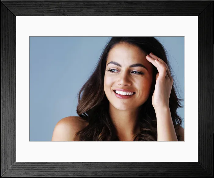 Framed Print : Happy woman, makeup and thinking in studio for cosmetics