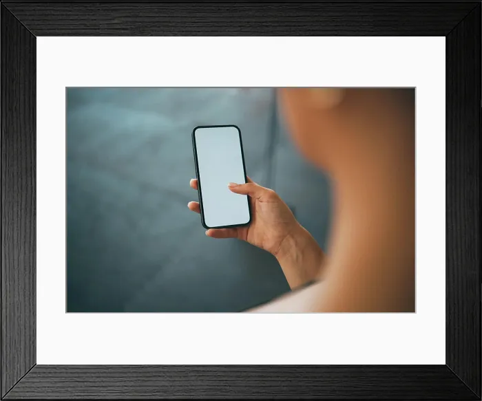 Framed Print : Woman hands, phone and blank screen for advertising Framed Print : Woman hands, phone and blank screen for advertising