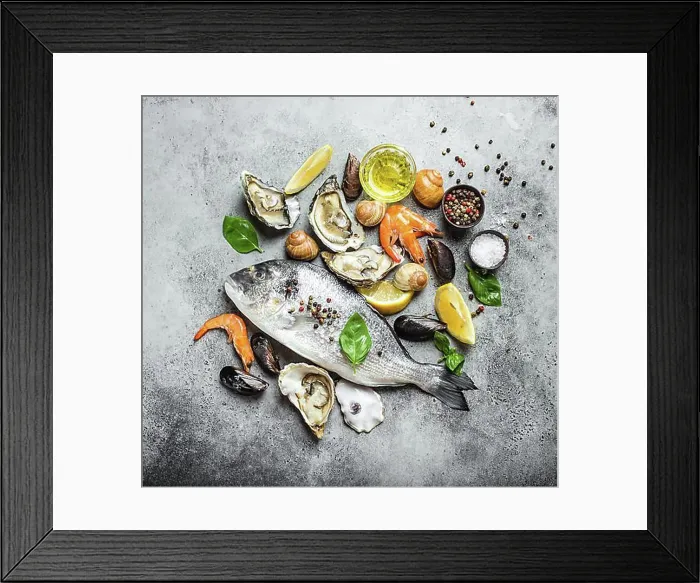 Framed Print : Raw fish Dorado and fresh seafood oysters Framed Print : Raw fish Dorado and fresh seafood oysters