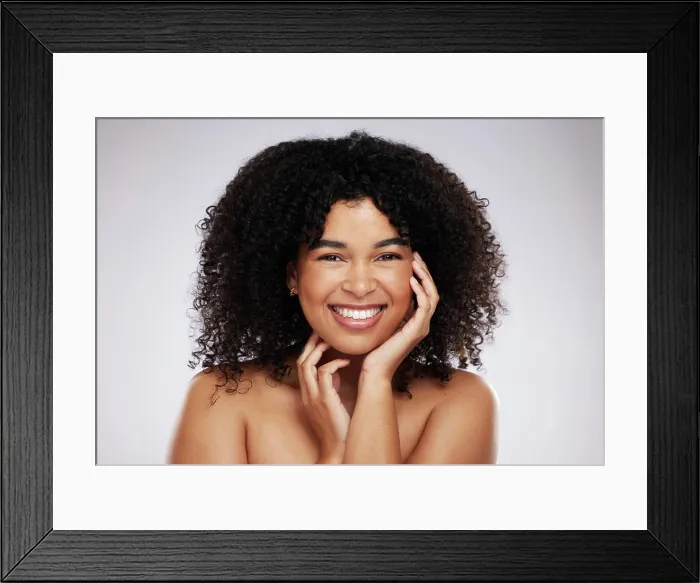 Framed Print : Portrait, skincare and afro with a model black woman in studio on a gray background for natural hair treatment Framed Print : Portrait, skincare and afro with a model black woman in studio on a gray background for natural hair treatment
