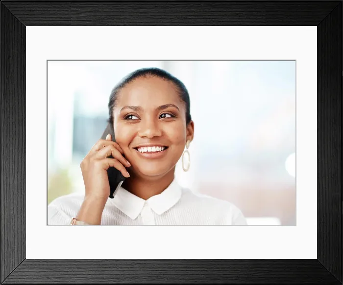 Framed Print : Phone call, thinking and business woman in modern office with conversation for deal negotiation and chat with contact Framed Print : Phone call, thinking and business woman in modern office with conversation for deal negotiation and chat with contact