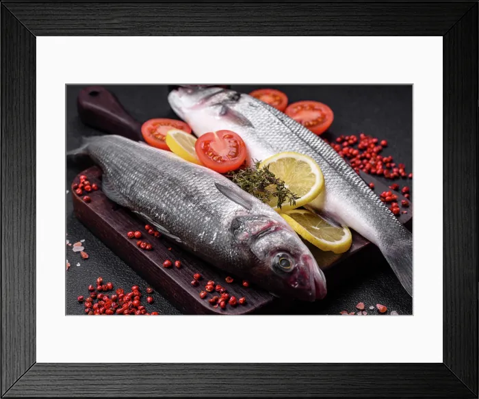 Framed Print : Fresh raw ocean sea bass fish with salt Framed Print : Fresh raw ocean sea bass fish with salt