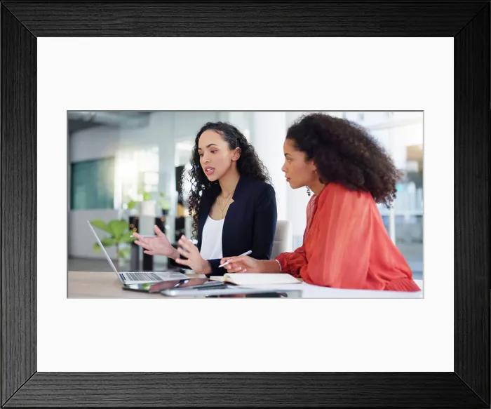 Framed Print : Coaching, training and woman with mentor writing Framed Print : Coaching, training and woman with mentor writing