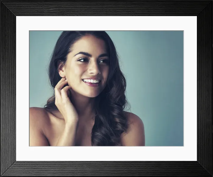 Framed Print : Hand, thinking and woman in studio for hair care
