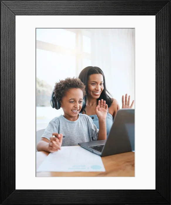 Framed Print : Laptop, video call and mother with child learning Framed Print : Laptop, video call and mother with child learning