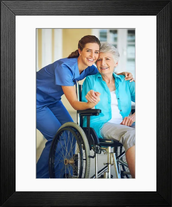 Framed Print : Portrait, caregiver or happy elderly woman in a wheelchair in hospital helping a mature patient for support Framed Print : Portrait, caregiver or happy elderly woman in a wheelchair in hospital helping a mature patient for support