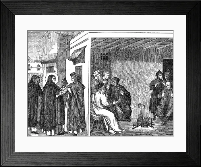 Framed Print : Alibgensian heresy. St Dominic gives a book professing the true Christian faith to an Albigensian envoy Framed Print : Alibgensian heresy. St Dominic gives a book professing the true Christian faith to an Albigensian envoy