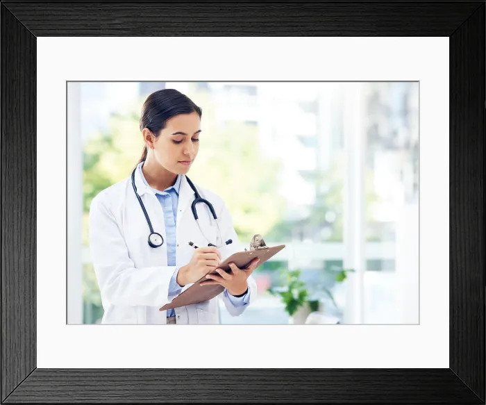 Framed Print : Woman, doctor and writing with clipboard for medical study Framed Print : Woman, doctor and writing with clipboard for medical study